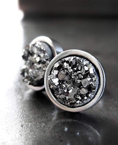 Gunmetal Grey Stud Earrings With Simulated Druzy - Modern Large Unisex Mens Post Earrings #TOP1