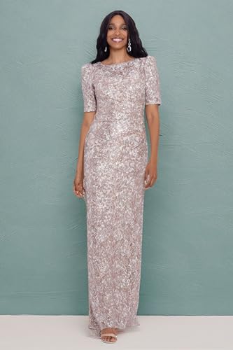 Xscape Women's Long Lace Sequin Side Ruched Dress (Reg and Petite), Sand, 14P4