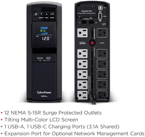 CyberPower CP1500PFCLCD PFC Sinewave UPS System, 1500VA/1000W, 12 Outlets, AVR, Mini Tower, Black - 2