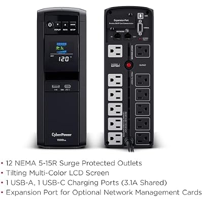 CyberPower CP1500PFCLCD PFC Sinewave UPS Battery Backup and Surge Protector, 1500VA/1000W, 12 Outlets, AVR, Mini Tower, UL Certified