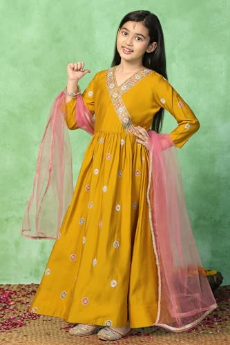 Image of Fashion Dream Girls Chanderi Embroidered Maxi Dress with Dupatta|Ethnic Gown for Kids