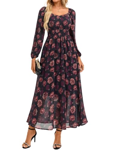 GRACE KARIN Women's Floral Long Sleeve Sweetheart Neck A-Line Maxi Dress (Various)