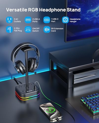 TROND Headphone Stand with USB C, Desk Gaming Headset Holder with 3 AC Outlets, 2 USB A and 1 USB C, Headset Stand with 5 RGB Light Modes, for Gaming Desk Accessories Gamer Boyfriend Gifts