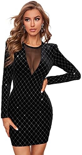 WDIRARA Women's Mesh Plaid Glitter Velvet Round Neck Long Sleeve Bodycon Dress Glitter Black S