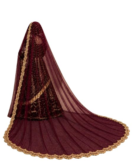 Maharani Soft Net Bridal Dupatta, Maroon with Gold Scallop Lace Border, 2.5 Meter Bridal Veil-picture-41