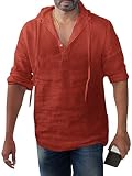 Enjoybuy Men's Long Sleeve Pullover Hoodie Linen Henley Shirt Casual Hippie Lightweight, 01-red, Med