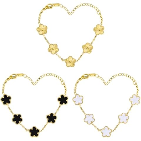 Friendship Gold Clover Bracelets for Women: 3pcs 18K Gold Plated Love Link Bracelet Sets Jewelry Stainless Steel Charm Flower Trendy Thin Dainty Birthday Gifts (3 Styles Set-(White/Black/Golden)) Cover
