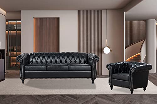 Vaztrlus Black Chesterfield Sofa Set, Luxury Faux Leather Couch for