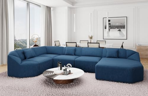 Wohnlandschaft Cabrera U Form Stoffsofa Sofa in Strukturstoff Designersofa Webstoff (Blau, Ottomane rechts)