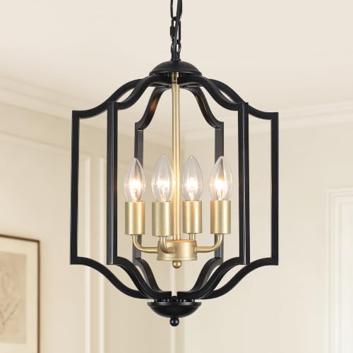 Image of Febeleven 4-Lights Black and Gold Pendant Ceiling Light, Industrial Metal Chandeliers Lights, E14 Vintage Pendant Light Fitting, Height Adjustable Light for Living Room, Dining Room, Kitchen, Bedroom
