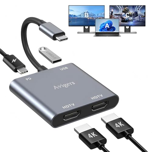 Avigers Hub USB C 4 en 1, USB C to Dual HDMI Adapter with 2 HDMI Port, USB 3.0, PD, Dual Monitor Adaptor Support Laptop, for USB C Port Laptops and Tablets (Single 4K@60Hz and Dual 4K@30Hz)