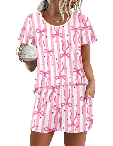 Image of Ekouaer Womens Pajama Set Summer Short Sleeve Pjs Sleepwear Cute 2 Piece Lounge Sets S-XXL