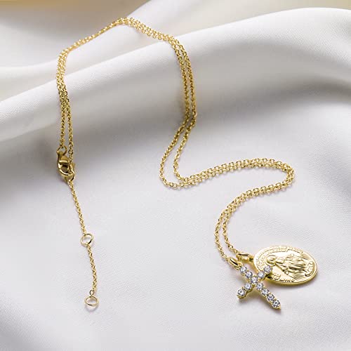 Allencoco Dainty Gold Necklace For Women, Gold Cross Virgin Mary Necklace, 18K Gold Simple Necklace, Interlocking Circle Pendant, Cubic Zirconia Pendant #TOP1