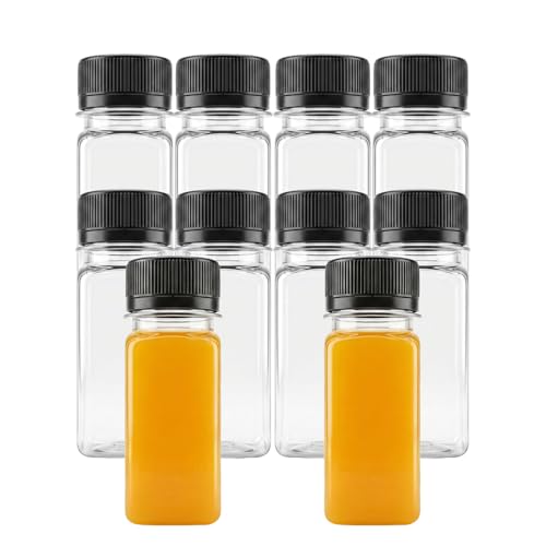 YUYUDEHM 10 Pcs 2 OZ Plastic Juice Bottles with Lids, Black Caps