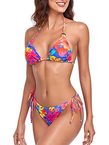 Relleciga Women's Colorful Floral Brazilian Bikinis Halter String Triangle Top With Cheeky Bikini Bottom Size Xx-Large #TOP3