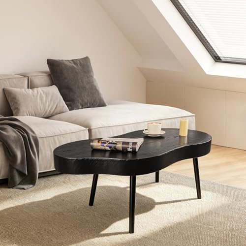 Image of Black Coffee Table Wooden Cloud Shaped Coffee Tables with Thick Top Mid-Century Modern Irregular Center Living Room Tables Cute Floor Table for Living Room Bedroom Apartment