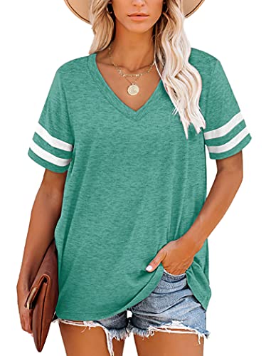 MOLERANI T Shirts for Women Short Sleeve V Neck Striped Summer Tops Casual Loose Tee Grass Green Size 22-24