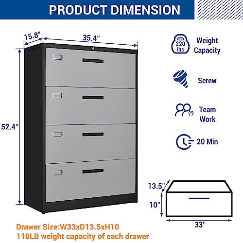 Fesbos Metal Steel 4 Drawer Lateral File Cabinet with Lock, Filling Cabinets for Home Office, Lockable Storage Cabinet for Hanging Files Letter/Legal/F4/A4 Size-Assembly Required