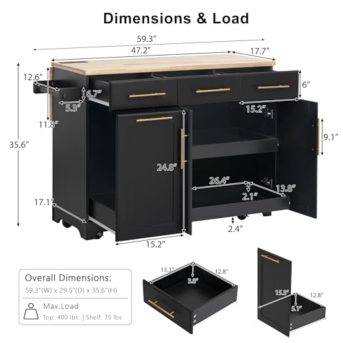 SOFTSEA Rolling Kitchen Cart with Trash Can Storage, Kitchen Island with Rubber Wood Drop Leaf & 2 Pull Out Cabinet Organizers, 59.3\" Kitchen Table with Power Outlet, Spice & Towel Rack, Black