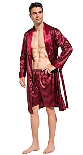 Image of TONY AND CANDICE Men's Satin Robe Lightweight Long Sleeve Silk Kimono Bathrobe with Shorts Set Sleepwear