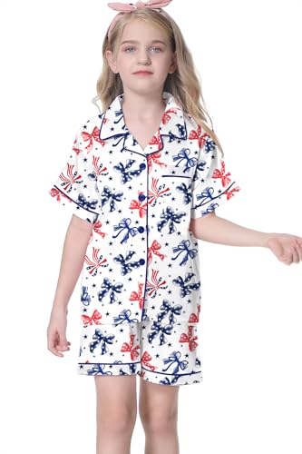 Image of Umeyda Women & Girls Pajamas Set, Soft Satin Lightweight Silk Button-Down Top with Shorts 2 Piece PJS for Mom Boys Kids Gifts
