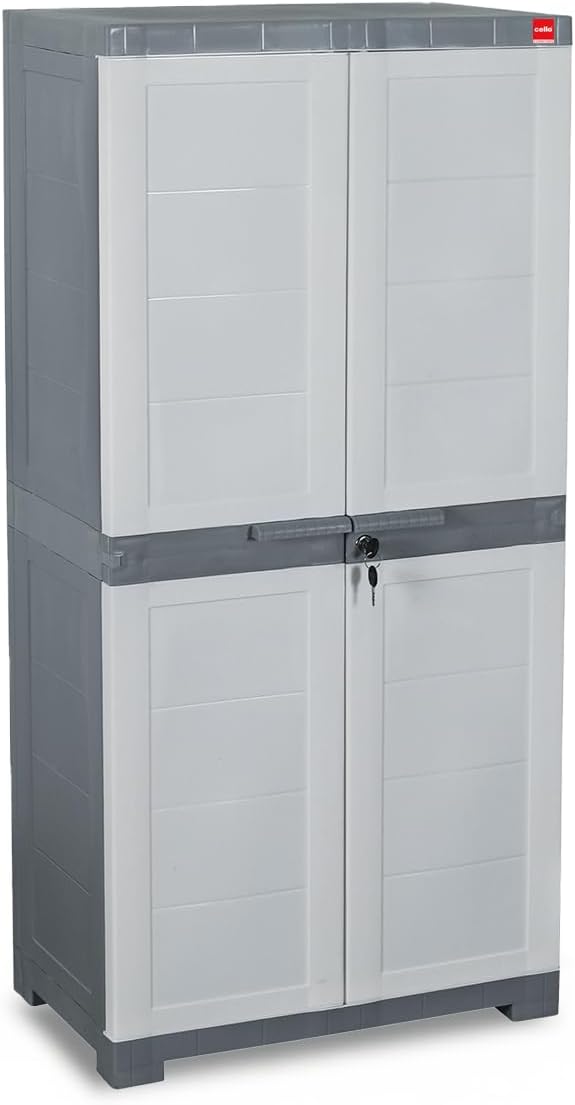 Cello Novelty Big Plastic Cabinet with Dustproof Doors| 3 Year Warranty | Almirah, Cupboard, Wardrobe for Home, Living Room, Bedroom, Kitchen, Office, Outdoor| White & Grey Colour