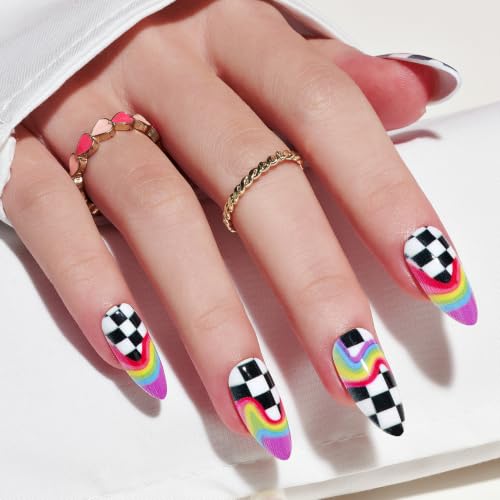 GLAMERMAID Rainbow Chess Press on Nails Medium Almond, Stiletto Fake Nails