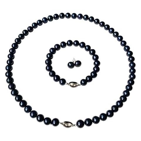 Pearl Romance ROUND Black Strand Pearl Necklace Bracelet Stud Earrings 3pc set 16 Inch Choker Length Genuine Cultured Freshwater Large 9mm 10mm Cover