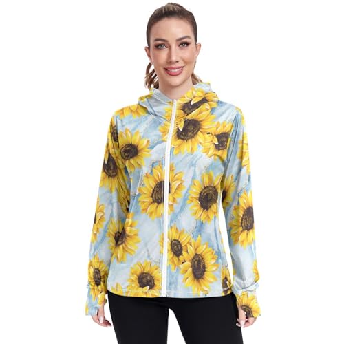 KLL Moletom feminino com capuz com zíper e proteção FPS 50+, girassol, abstrato, branco, azul, mármo