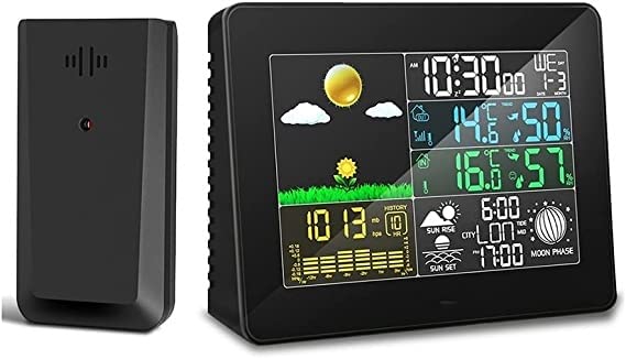 Estación meteorológica para Interiores y Exteriores, termómetro LCD, Humedad, función de repetición, Despertador, Amanecer y Atardecer, Calendario, pronóstico.