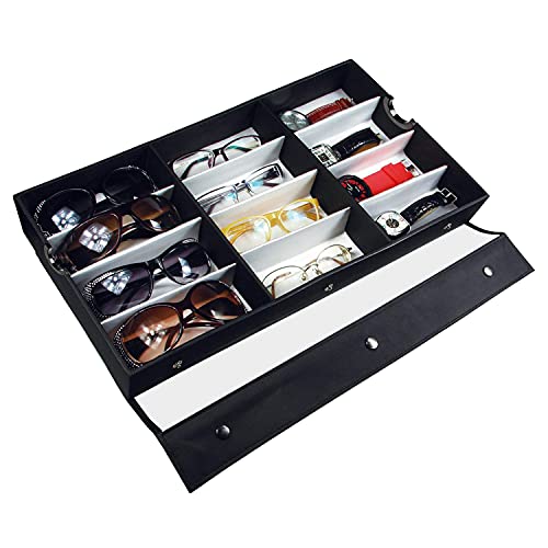 Ikee Design Large 12 Slot Eyewear Storage Organizer Tray Display Case Holder, Multiple Glasses Case Box Eyewear Glasses Storage for Sunglasses, Eyeglasses, Watches and Jewelry 19 W x 10 D x 2 1/4 H in