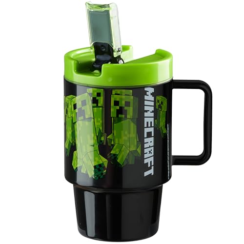 Get Trend Minecraft Kids Water Bottle with Straw 16.9 oz BPA Free Plastic Leakproof Cup with Lid Handle Reusable Drinking Tumbler Gifts for Kids (Green Minecraft)