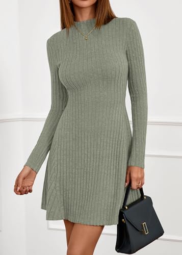 KIRUNDO Sweater Dress for Women 2026 Spring Fall Long Sleeve Mock Turtleneck A Line Fit and Flare Ribbed Knit Short Dresses(Sage Green, Medium) — view 3