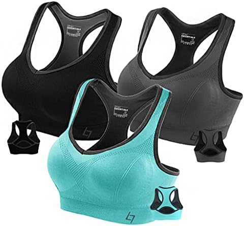 Fittin Womens Padded Sports Bras Wire Free with Removable Pads Grey/black/Blue ,L ,(Pack of 3)