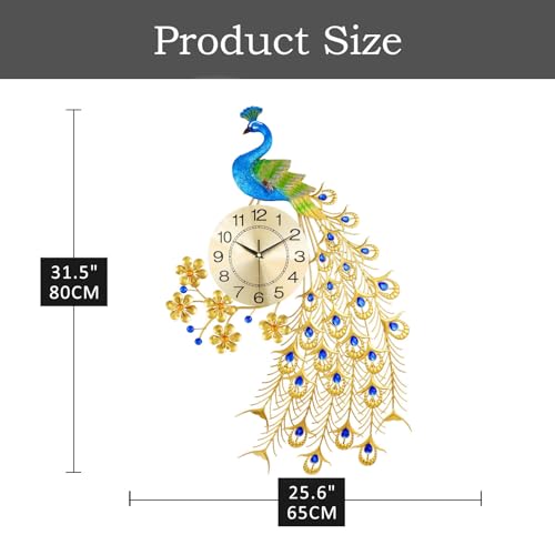 Image of Large Peacock Wall Clock 31.5 inch Metal Design Non-Ticking Silent Art Digital Wall Clocks for Living Room Decor Gold