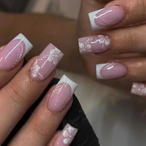 Flower MIXFOSAHN Press on Nails Medium Square Fake Nails Nude White False Nails with Elegant Designs Flowers Glossy Full Cover Stick on Nails Glue on Nails Spring Acrylic Nails for Women Girls 24 Pcs
