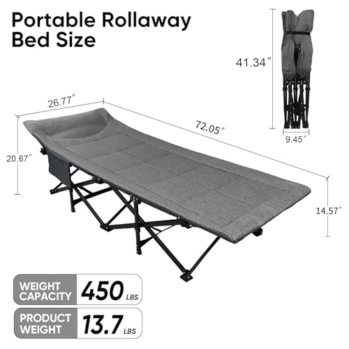 Northroad Camping Cot for Adults with Cushion and Pillow, Portable Folding Bed for Sleeping, Lightweight Tent cot with Carry Bag Supports 450 lbs (Grey) by Northroad - Image 2
