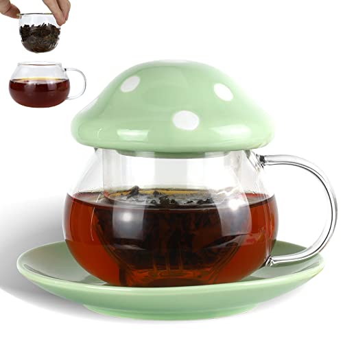 Cute Mushroom Tea Cup, Kawaii Glass Mushroom Mug With Infuser And Lid, Mushroom Coffee Teapot With Ceramic Coaster, Portable Glasses Strainer Tea Cups Set For Loose Leaf Tea (290Ml 9.6Oz) (Green) #TOP21