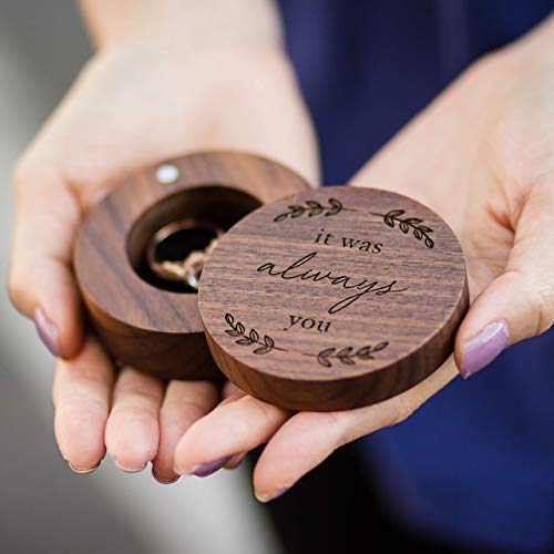 MUUJEE It Was Always You Wooden Ring Box - Engraved Round Wood Ring Holder Mr and Mrs Ring Box for Engagement Proposal Wedding Ceremony Anniversary Valentines Day Gift for Him Her Husband Wife - Thumbnail 2