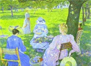 Peinture à l'huile Family in an Orchard 1890 Theo Van Rysselberghe grand format 36x48