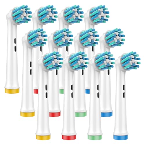 Cross Action Replacement Toothbrush Heads Compatible with Oral-B Braun 12 Pack with Color-Coded Rings for Family with 360 Angled Bristles Fits 7000/Pro 1000/500/3000 Series Medium Stiffness