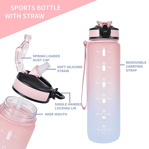Image of EYQ QuickSpout Water Bottle with Time Marker and Carry Strap, 32 oz, BPA-Free, Non-Toxic, Leak-Proof