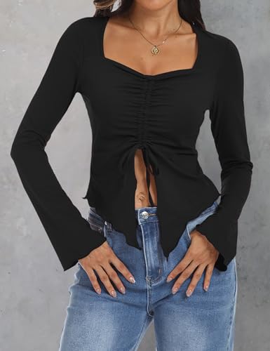 AIMCOO Women's Long Bell Sleeve Tops Tie Front Crop Top 2025 Sexy Y2K Sweetheart Neck Going Out T Shirts Tees3