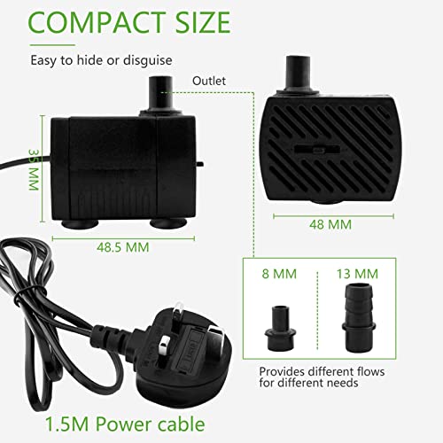 Mini Submersible Water Pump (350L/H, 5W) Adjustable Ultra Quiet Fountain Water Pump for Aquarium, Fish Tank, Pond, Statuary, Hydroponics, Indoor or Outdoor Fountain with 1.5M Power Cord and 2 Nozzles - Image 2