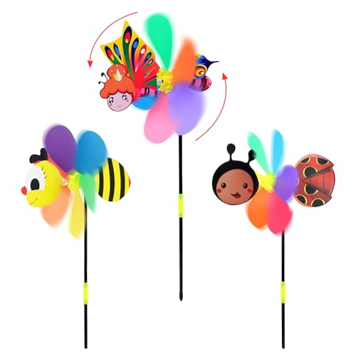 Windrad Kinder, Hillylolly 3 Stück Windräder Tiere, Garten Windmühle aus Kunststoff, Windrad Bunt Groß, 3D Windrad Biene Schmetterling Marienkäfer, Windräder für Deko Garten Balkon Terrasse