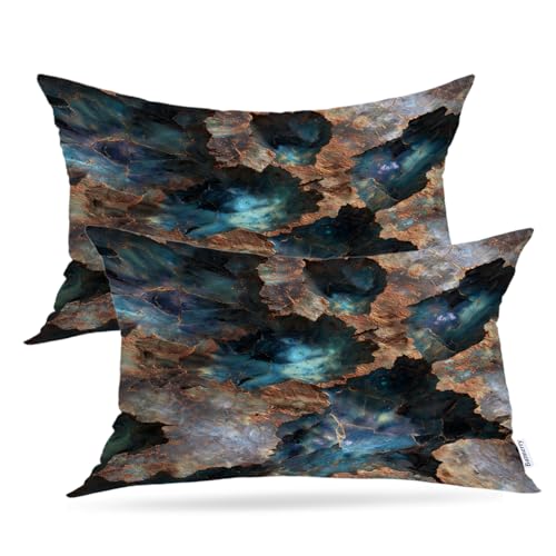 Batmerry Petrified Bone Copper Oxidation Throw Pillow Covers, Blue Brown Cracked Stone Texture Decorative Pillow Covers Digital Printing Blended for Couch Sofa Bed Invisible Zipper 12X20 in(Set of 2)