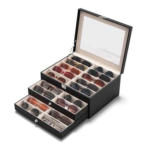NEWLOOP Sunglass Organizer Display Case - Sunglasses Holder for Men Women Leather Multiple Pair Eye Glasses Storage Organizer 3-Layer Jewelry Watch Eyeglass Collection Box with 30 Slots Black