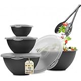 Hausfelder Salatschüssel mit Deckel groß 6L Set, 4 Kunststoff Schüsseln 6L/3,6L/1,9L/0,7L Anthrazit Schwarz, BPA-frei Camping Salatschüssel anthrazit schwarz, stapelbar spülmaschinenfest (10-teilig)