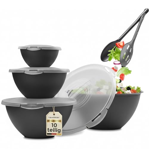 Hausfelder Salatschüssel mit Deckel groß 6L Set, 4 Kunststoff Schüsseln 6L/3,6L/1,9L/0,7L Anthrazit Schwarz, BPA-frei Camping Salatschüssel anthrazit schwarz, stapelbar spülmaschinenfest (10-teilig)