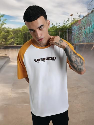 Image of Veirdo 100% Pure Cotton Oversized Loose Baggy Fit Drop Shoulder Round Neck Cool Front Chest Typographic Logo Printed Raglan Sleeve T-Shirt for Men (Colors: White, Black, Swanwhite, Beige & Grey)
